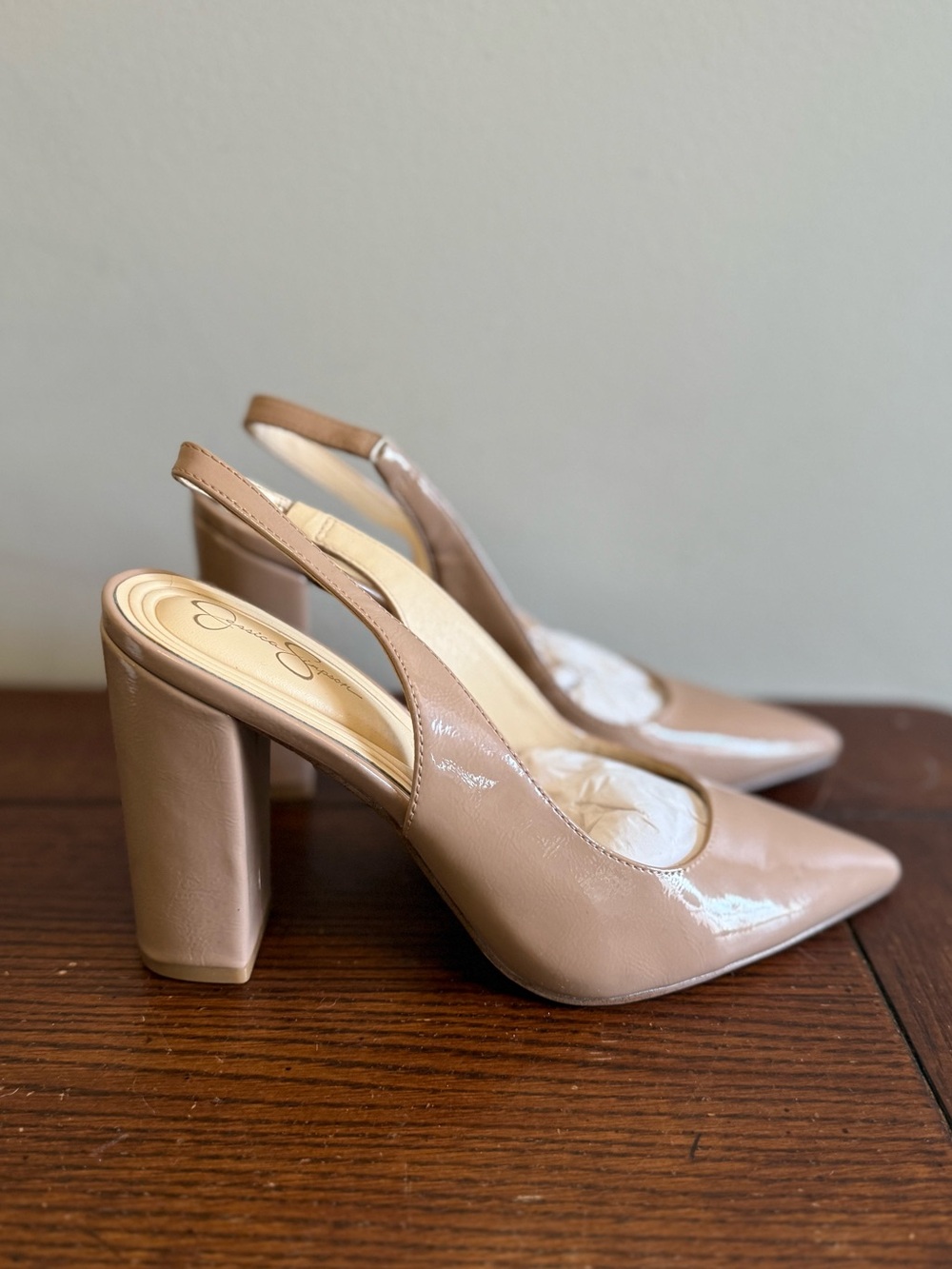 Jessica Simpson Nude Patent Slingback Block Heel Pumps 8.5